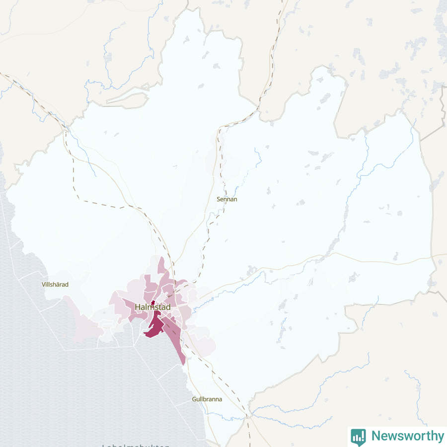 Karta som visar antalet cykelstölder i olika delar av Halmstads kommun, även i tabell nedan