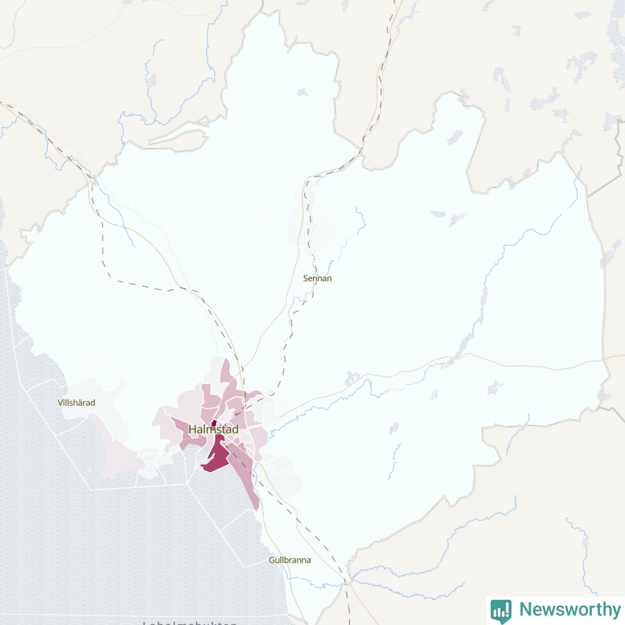 Karta som visar antalet cykelstölder i olika delar av Halmstads kommun, även i tabell nedan