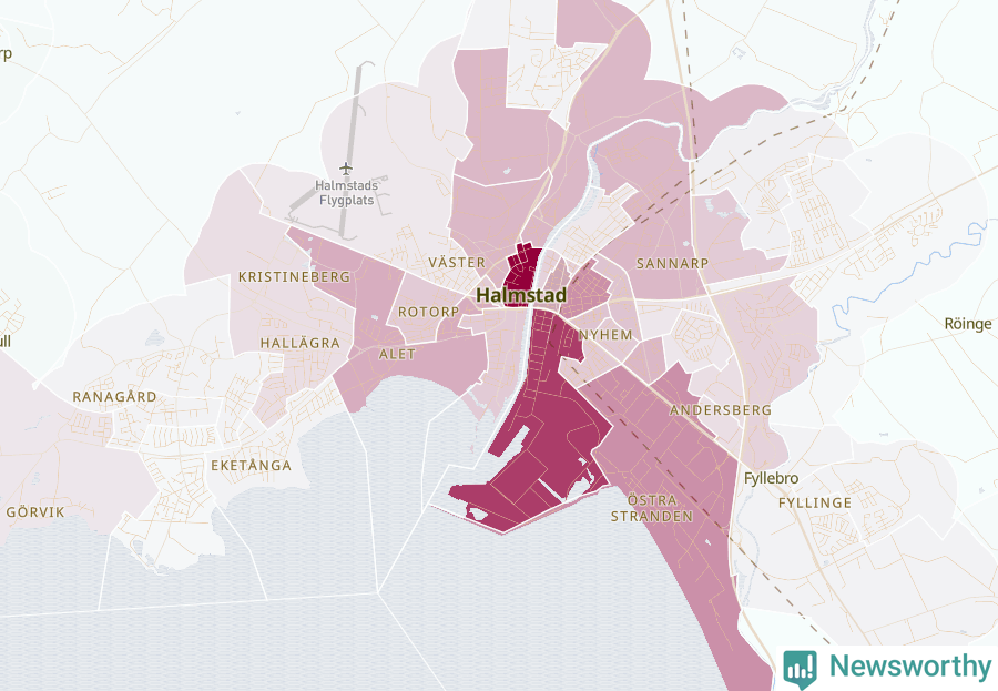 Karta som visar antalet cykelstölder i olika delar av Halmstad, se tabell ovan
