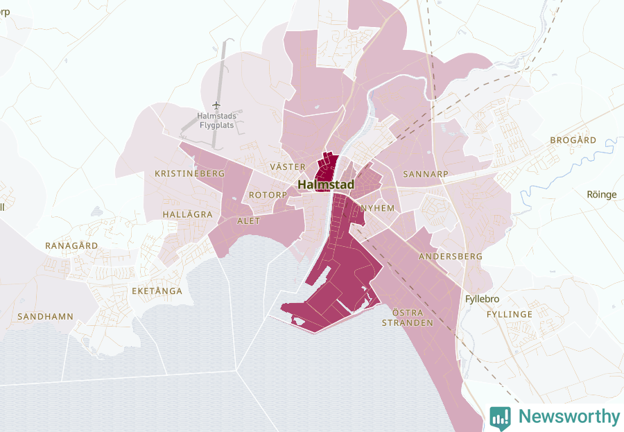 Karta som visar antalet cykelstölder i olika delar av Halmstad, se tabell ovan