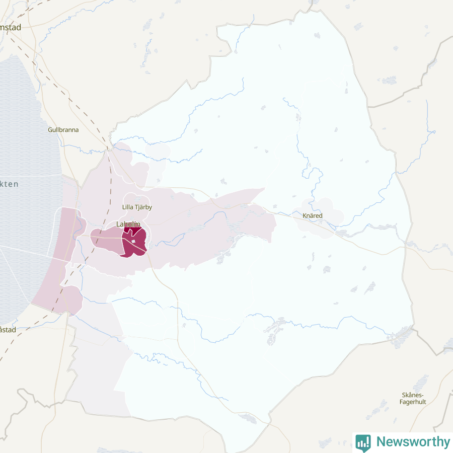 Karta som visar antalet cykelstölder i olika delar av Laholms kommun, även i tabell nedan