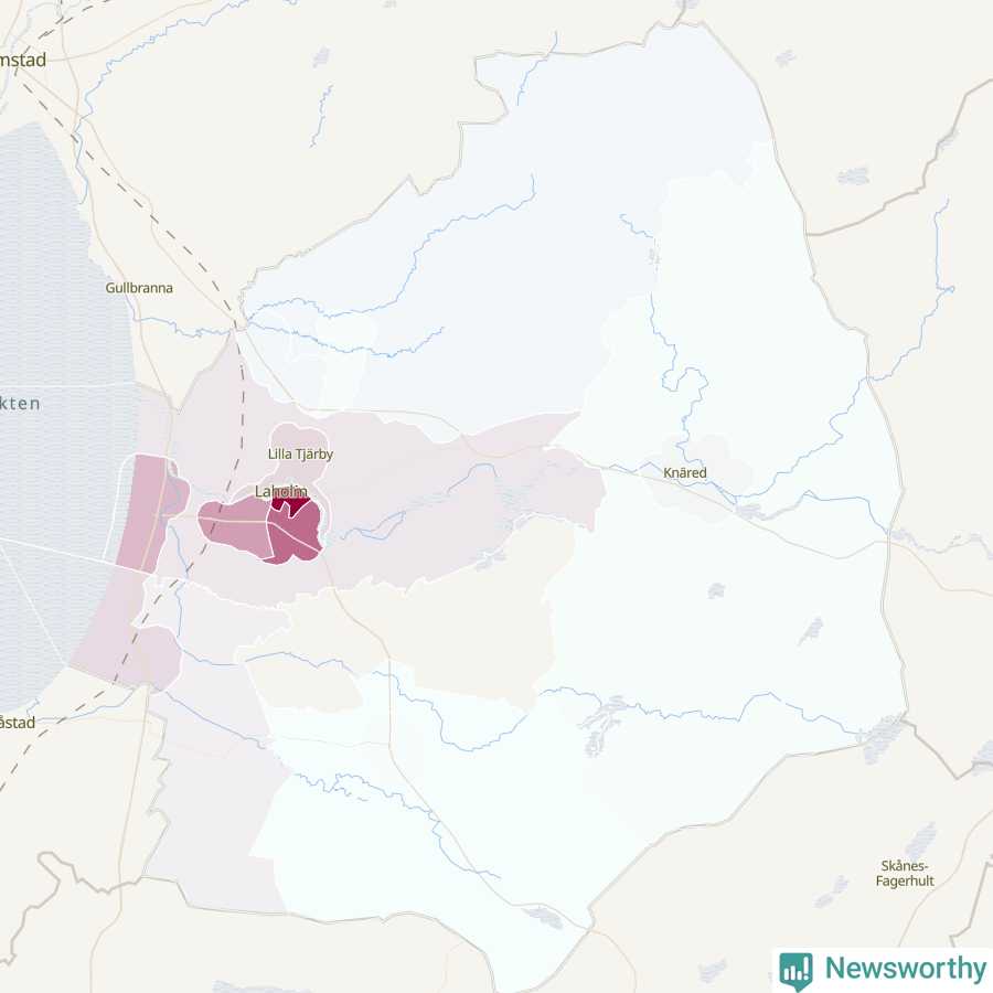 Karta som visar antalet cykelstölder i olika delar av Laholms kommun, även i tabell nedan