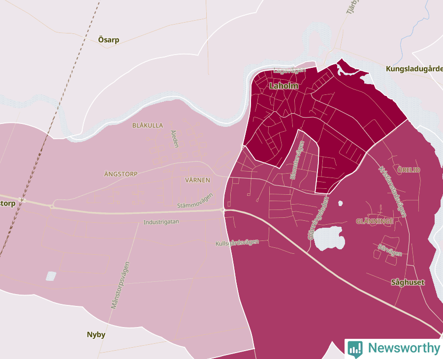 Karta som visar antalet cykelstölder i olika delar av Laholm, se tabell ovan