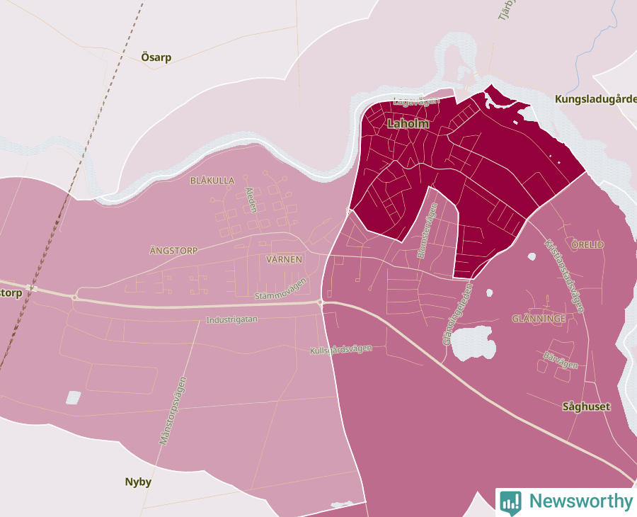 Karta som visar antalet cykelstölder i olika delar av Laholm, se tabell ovan