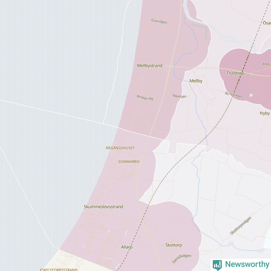 Karta som visar antalet cykelstölder i olika delar av Mellbystrand, se tabell ovan