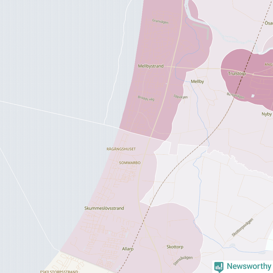 Karta som visar antalet cykelstölder i olika delar av Mellbystrand, se tabell ovan