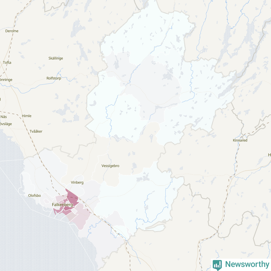 Karta som visar antalet cykelstölder i olika delar av Falkenbergs kommun, även i tabell nedan
