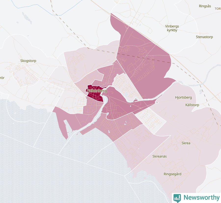 Karta som visar antalet cykelstölder i olika delar av Falkenberg, se tabell ovan