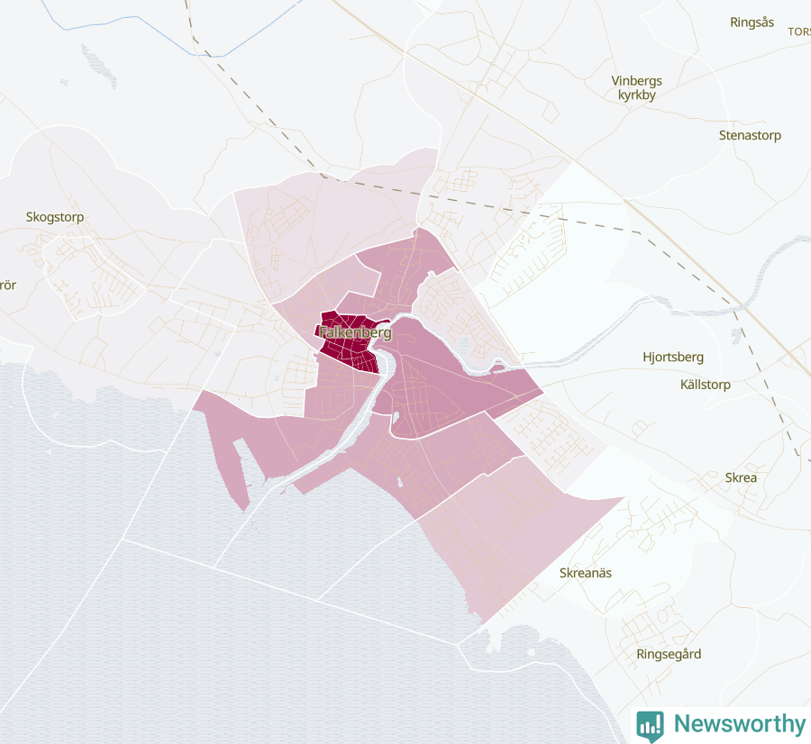 Karta som visar antalet cykelstölder i olika delar av Falkenberg, se tabell ovan