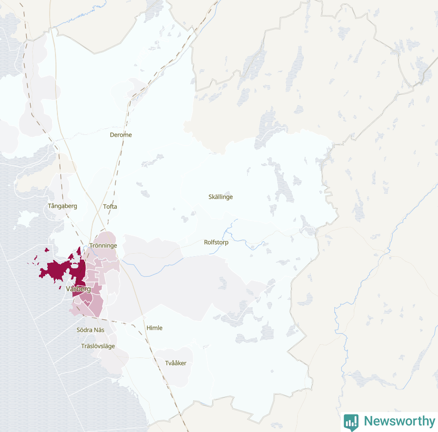Karta som visar antalet cykelstölder i olika delar av Varbergs kommun, även i tabell nedan