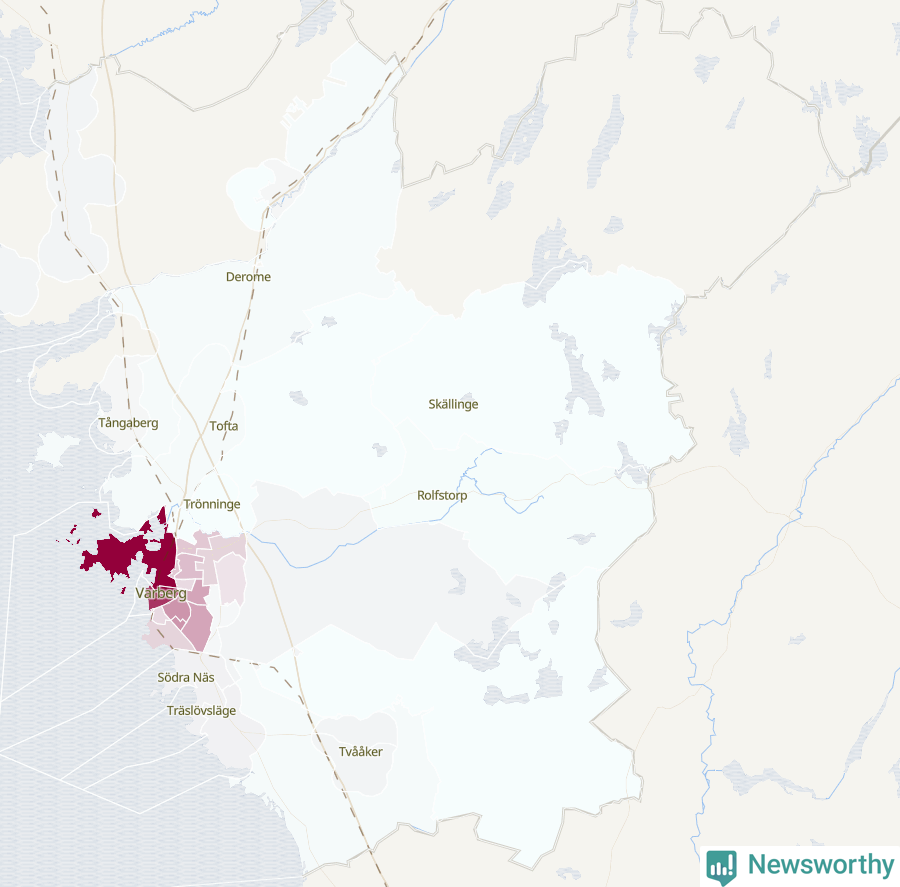 Karta som visar antalet cykelstölder i olika delar av Varbergs kommun, även i tabell nedan