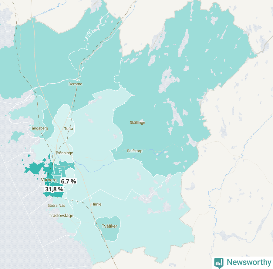 Karta över andel av befolkningen är ensamstående utan barn per område i Varberg 2023.