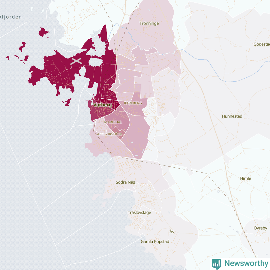Karta som visar antalet cykelstölder i olika delar av Varberg, se tabell ovan