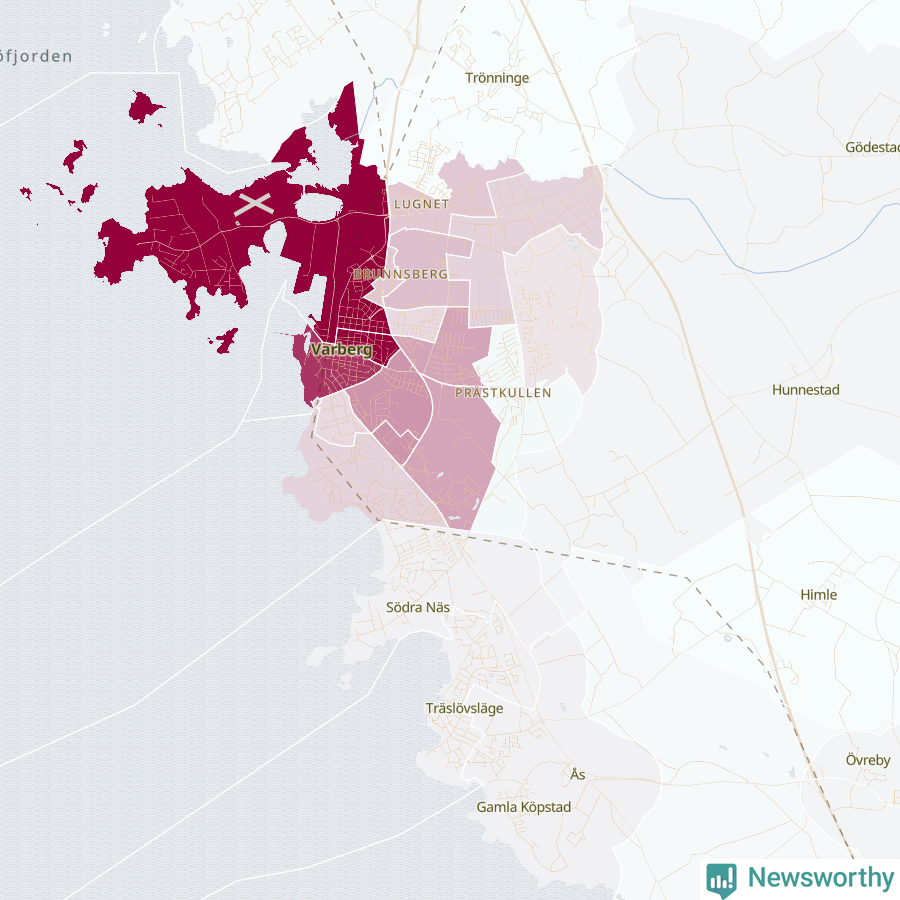 Karta som visar antalet cykelstölder i olika delar av Varberg, se tabell ovan