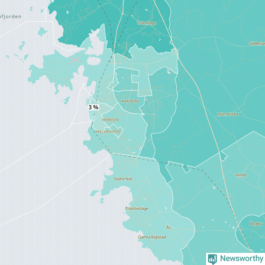 Karta över andel av befolkningen är mellan 0 och 4 år per område i Varberg 2024.