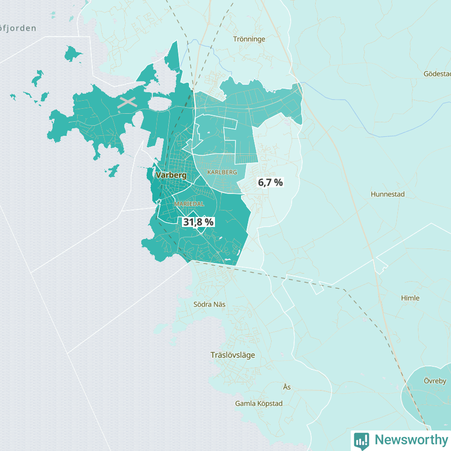 Karta över andel av befolkningen är ensamstående utan barn per område i Varberg 2023.
