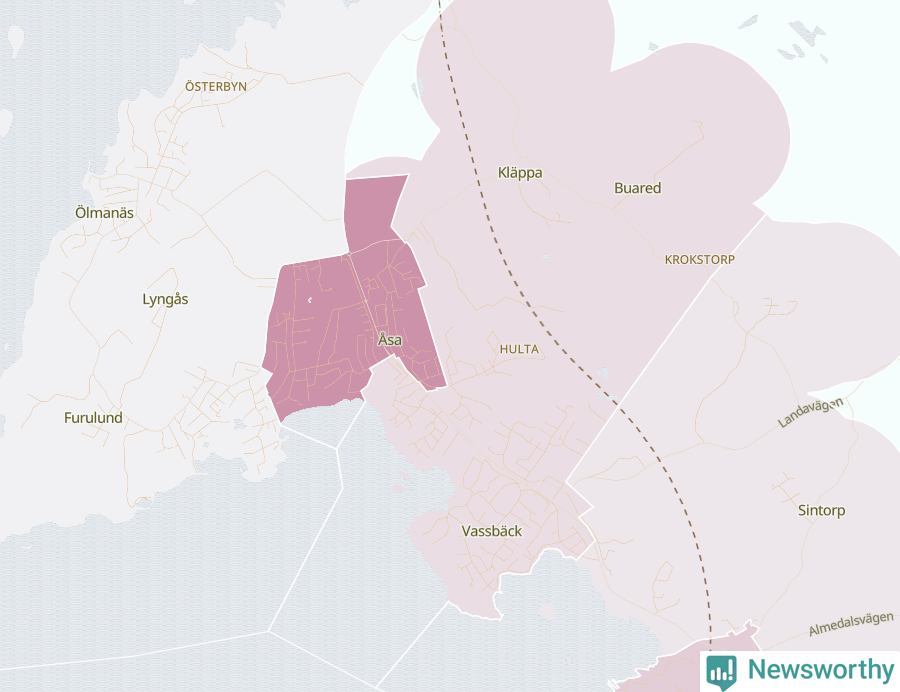 Karta som visar antalet cykelstölder i olika delar av Åsa, se tabell ovan