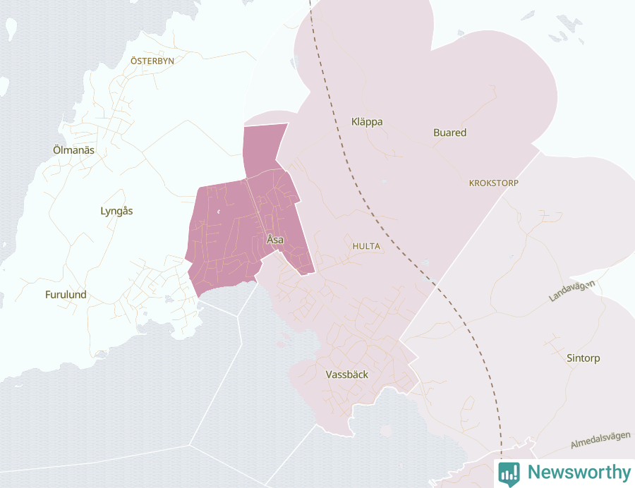 Karta som visar antalet cykelstölder i olika delar av Åsa, se tabell ovan