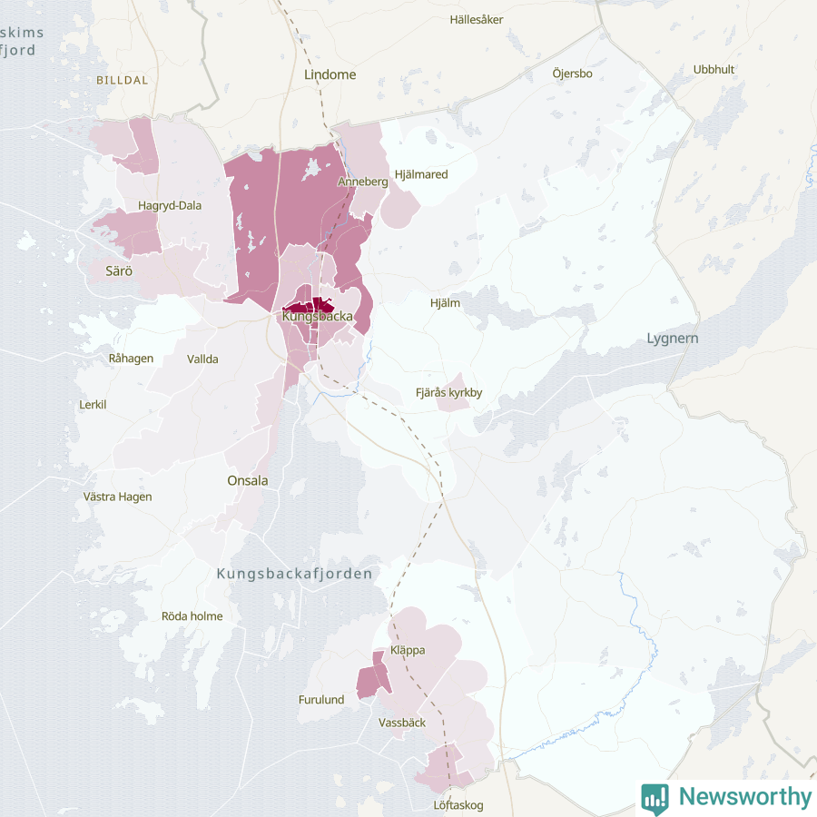 Karta som visar antalet cykelstölder i olika delar av Kungsbacka kommun, även i tabell nedan