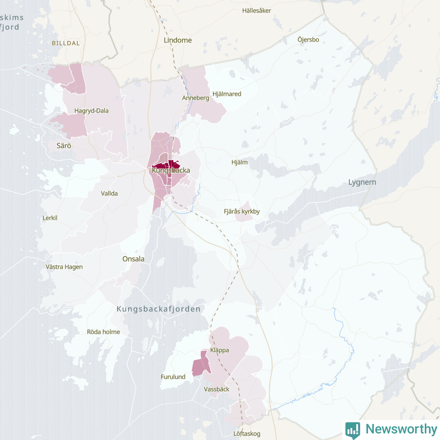 Karta som visar antalet cykelstölder i olika delar av Kungsbacka kommun, även i tabell nedan
