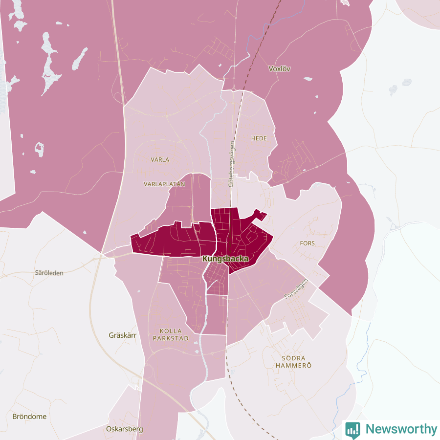 Karta som visar antalet cykelstölder i olika delar av Kungsbacka, se tabell ovan