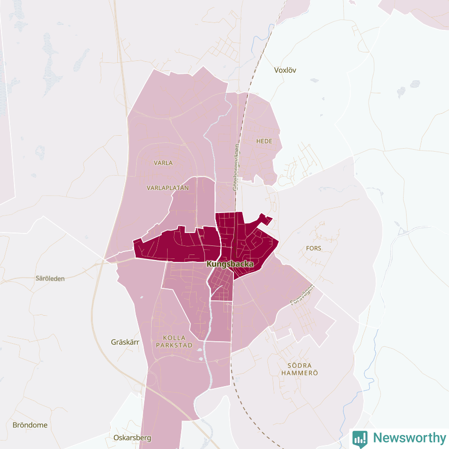 Karta som visar antalet cykelstölder i olika delar av Kungsbacka, se tabell ovan