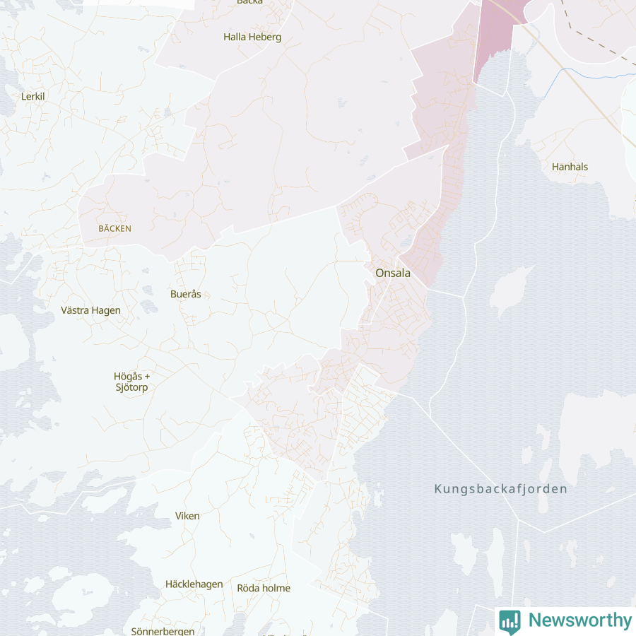 Karta som visar antalet cykelstölder i olika delar av Onsala, se tabell ovan