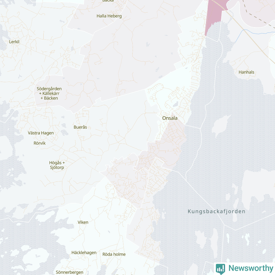 Karta som visar antalet cykelstölder i olika delar av Onsala, se tabell ovan