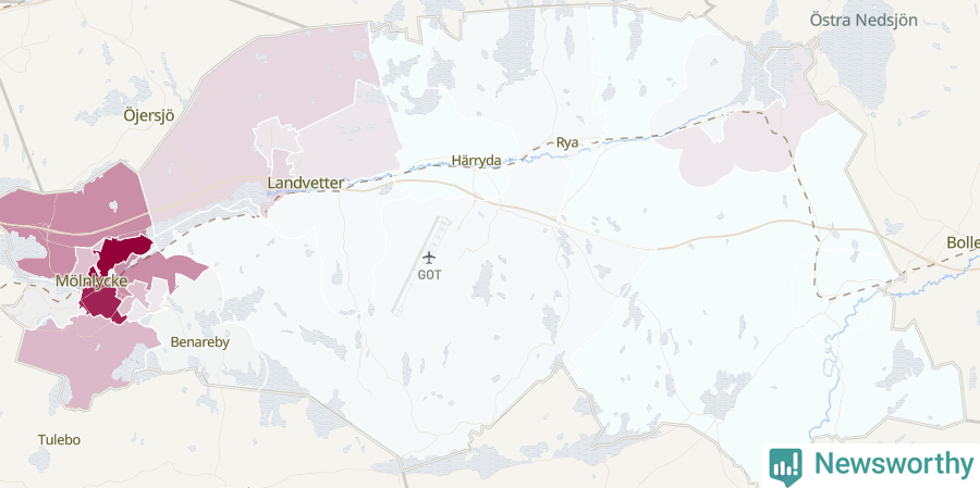 Karta som visar antalet cykelstölder i olika delar av Härryda kommun, även i tabell nedan
