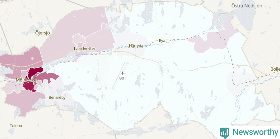 Karta som visar antalet cykelstölder i olika delar av Härryda kommun, även i tabell nedan