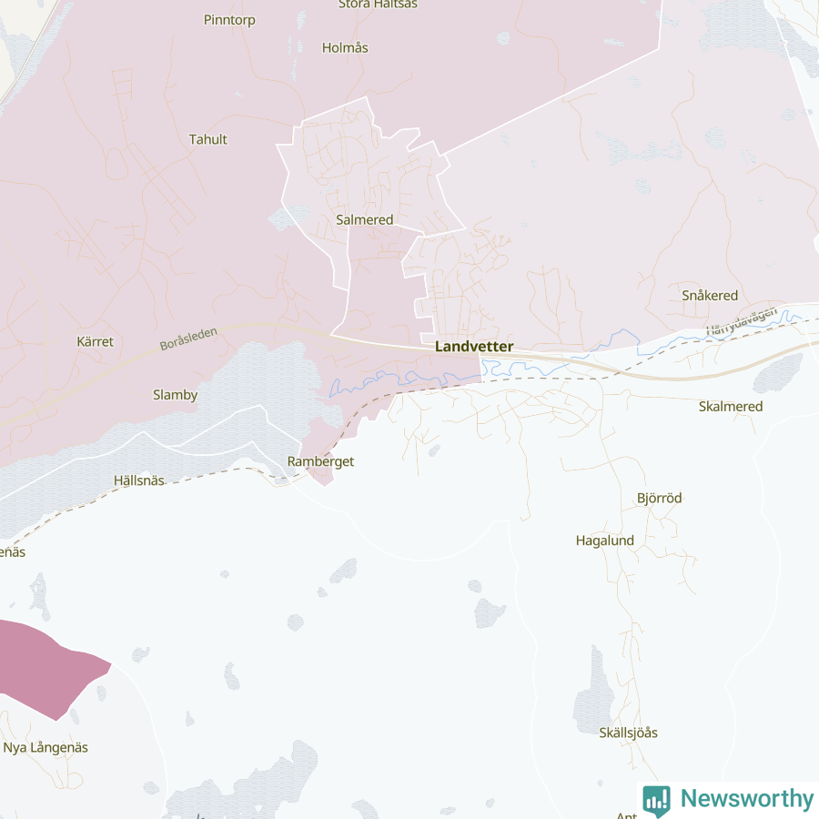 Karta som visar antalet cykelstölder i olika delar av Landvetter, se tabell ovan