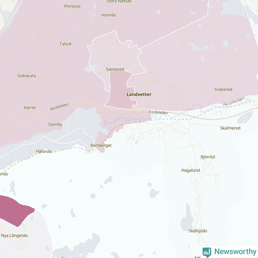Karta som visar antalet cykelstölder i olika delar av Landvetter, se tabell ovan