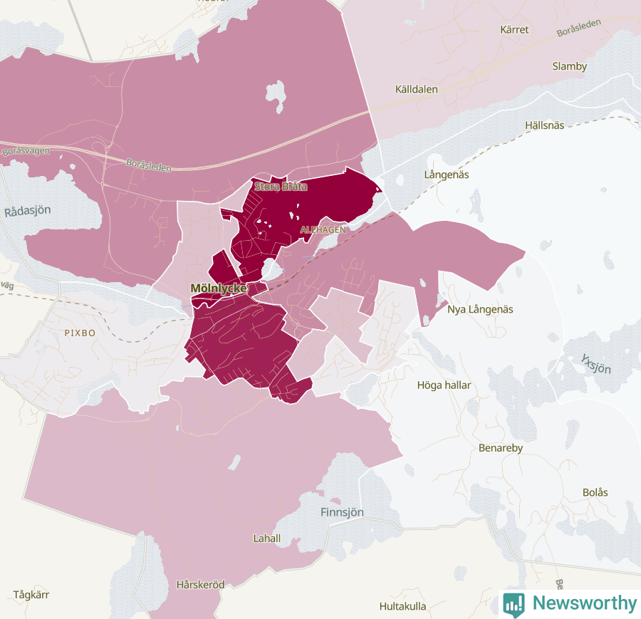 Karta som visar antalet cykelstölder i olika delar av Mölnlycke, se tabell ovan
