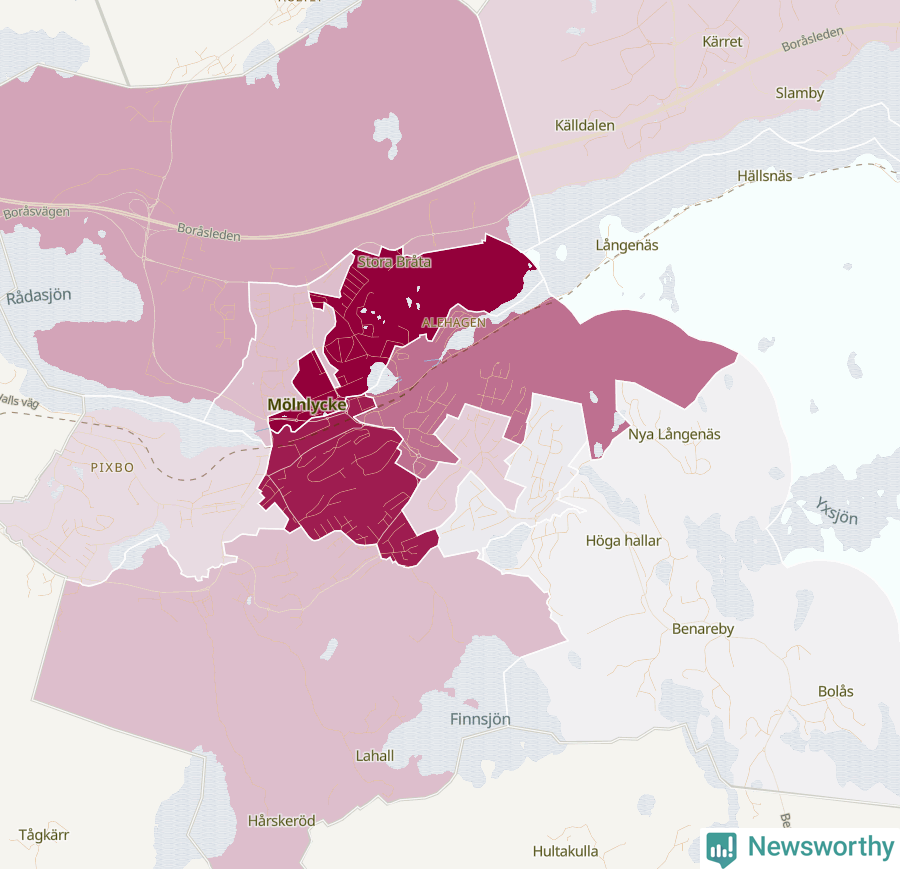 Karta som visar antalet cykelstölder i olika delar av Mölnlycke, se tabell ovan