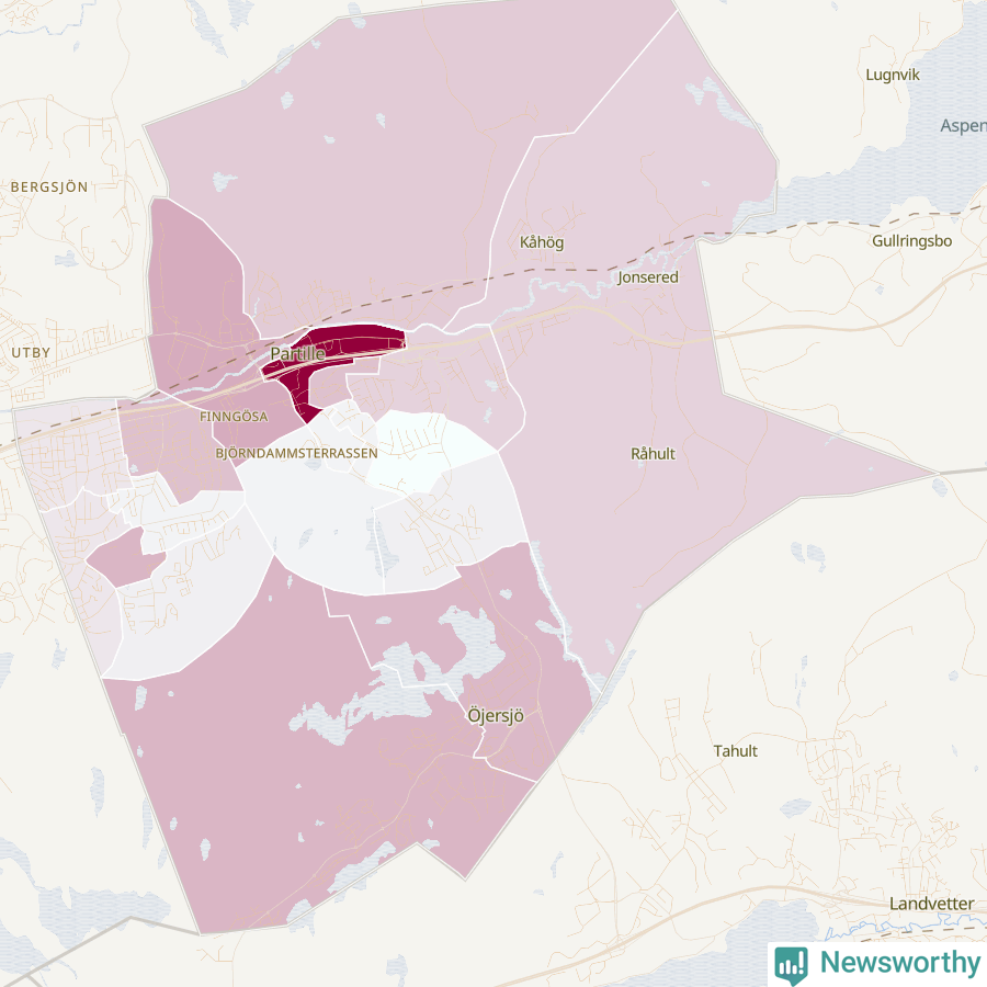 Karta som visar antalet cykelstölder i olika delar av Partille kommun, även i tabell nedan