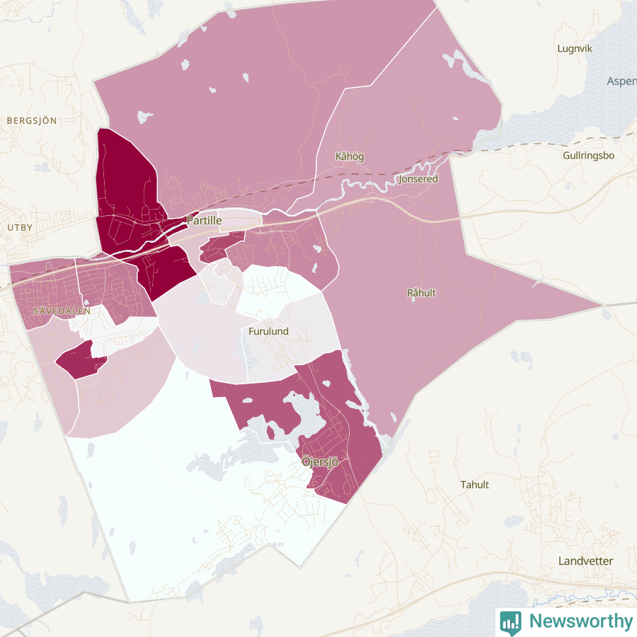 Karta som visar antalet cykelstölder i olika delar av Partille kommun, även i tabell nedan
