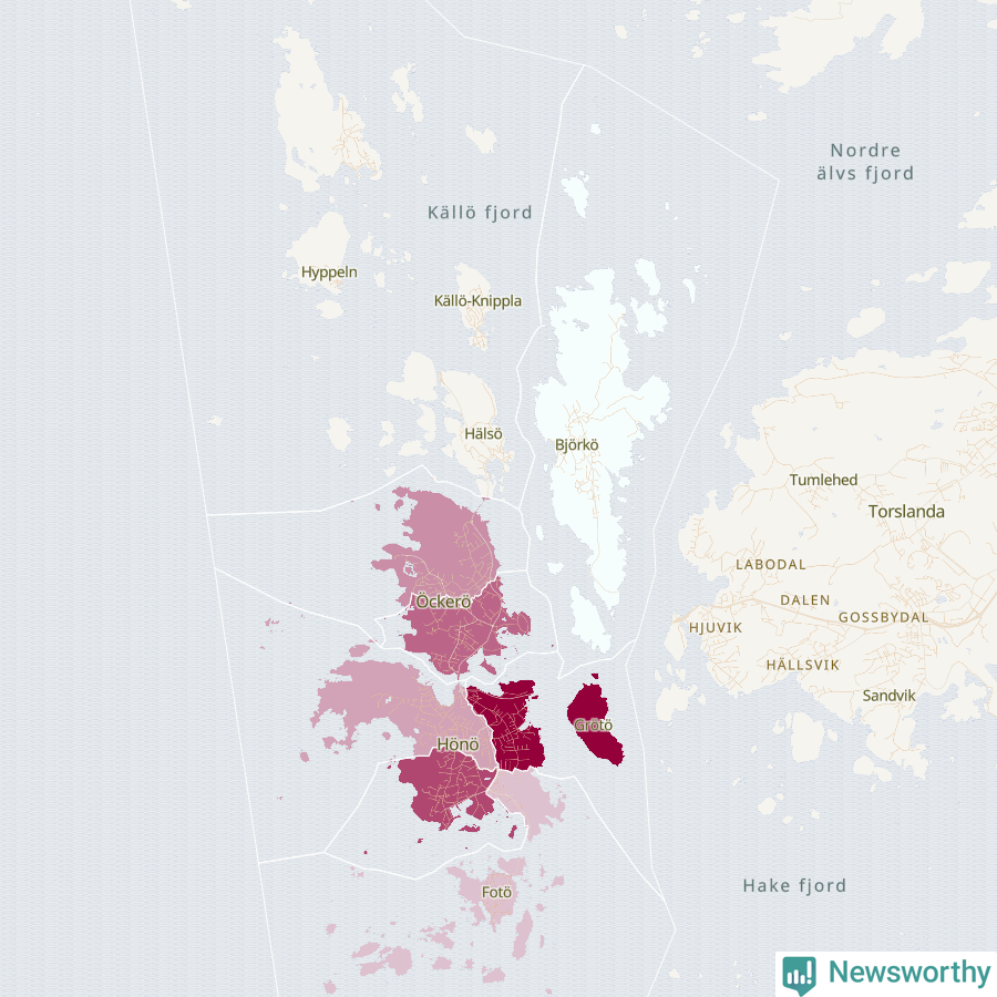 Karta som visar antalet cykelstölder i olika delar av Öckerö kommun, även i tabell nedan