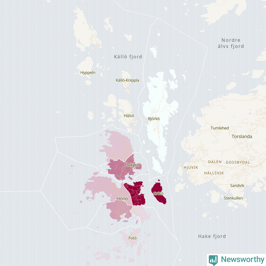 Karta som visar antalet cykelstölder i olika delar av Öckerö kommun, även i tabell nedan