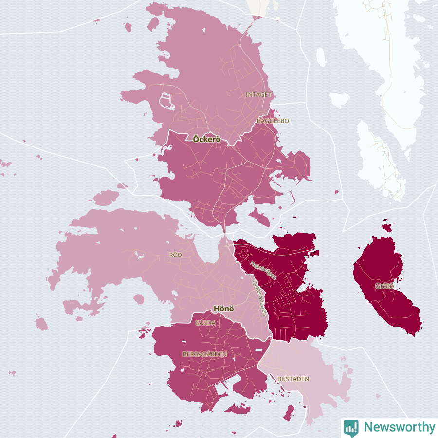 Karta som visar antalet cykelstölder i olika delar av Hönö och Öckerö, se tabell ovan