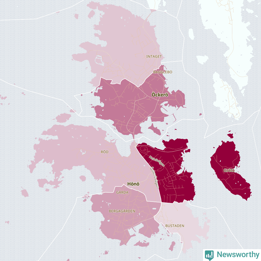 Karta som visar antalet cykelstölder i olika delar av Hönö och Öckerö, se tabell ovan
