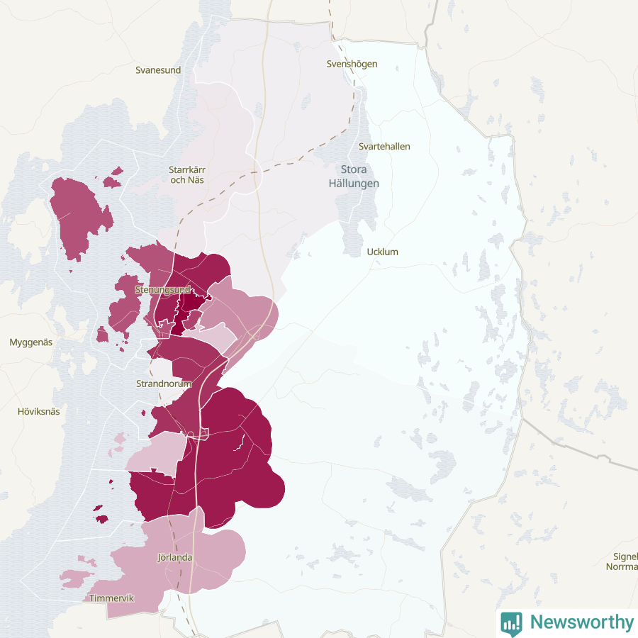 Karta som visar antalet cykelstölder i olika delar av Stenungsunds kommun, även i tabell nedan