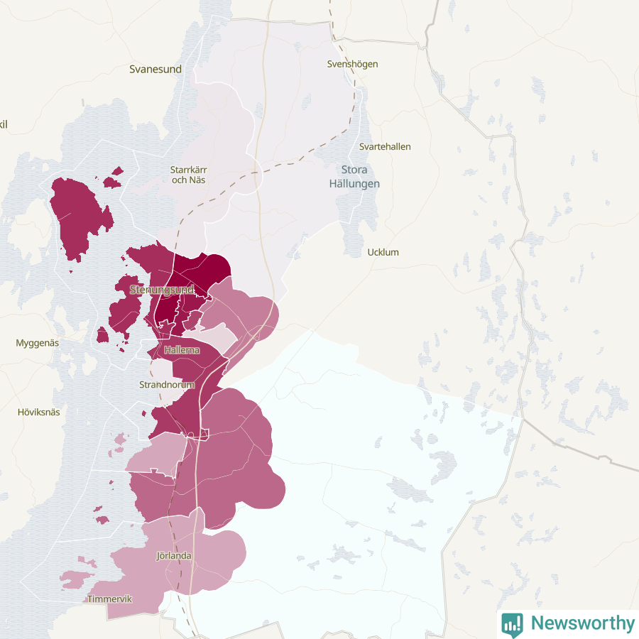 Karta som visar antalet cykelstölder i olika delar av Stenungsunds kommun, även i tabell nedan