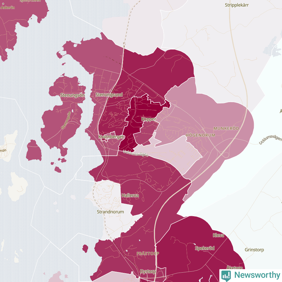 Karta som visar antalet cykelstölder i olika delar av Stenungsund, se tabell ovan