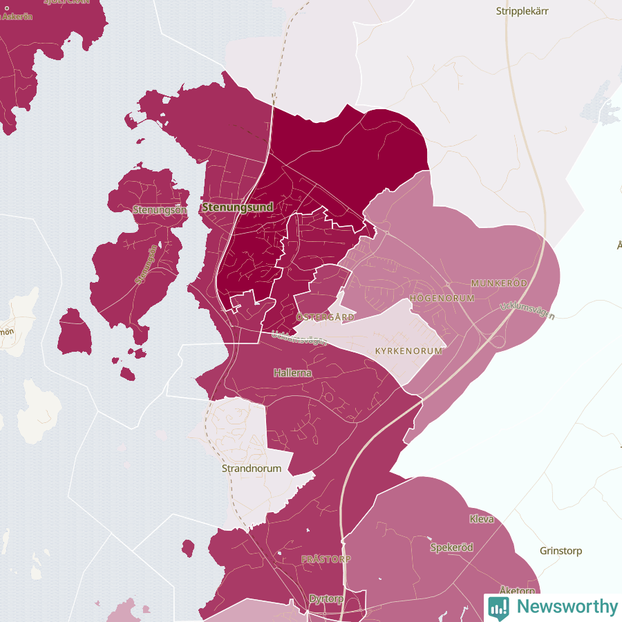 Karta som visar antalet cykelstölder i olika delar av Stenungsund, se tabell ovan