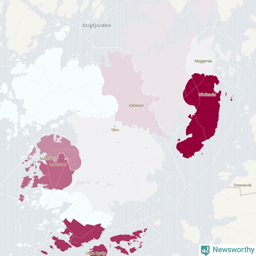 Karta som visar antalet cykelstölder i olika delar av Tjörns kommun, även i tabell nedan