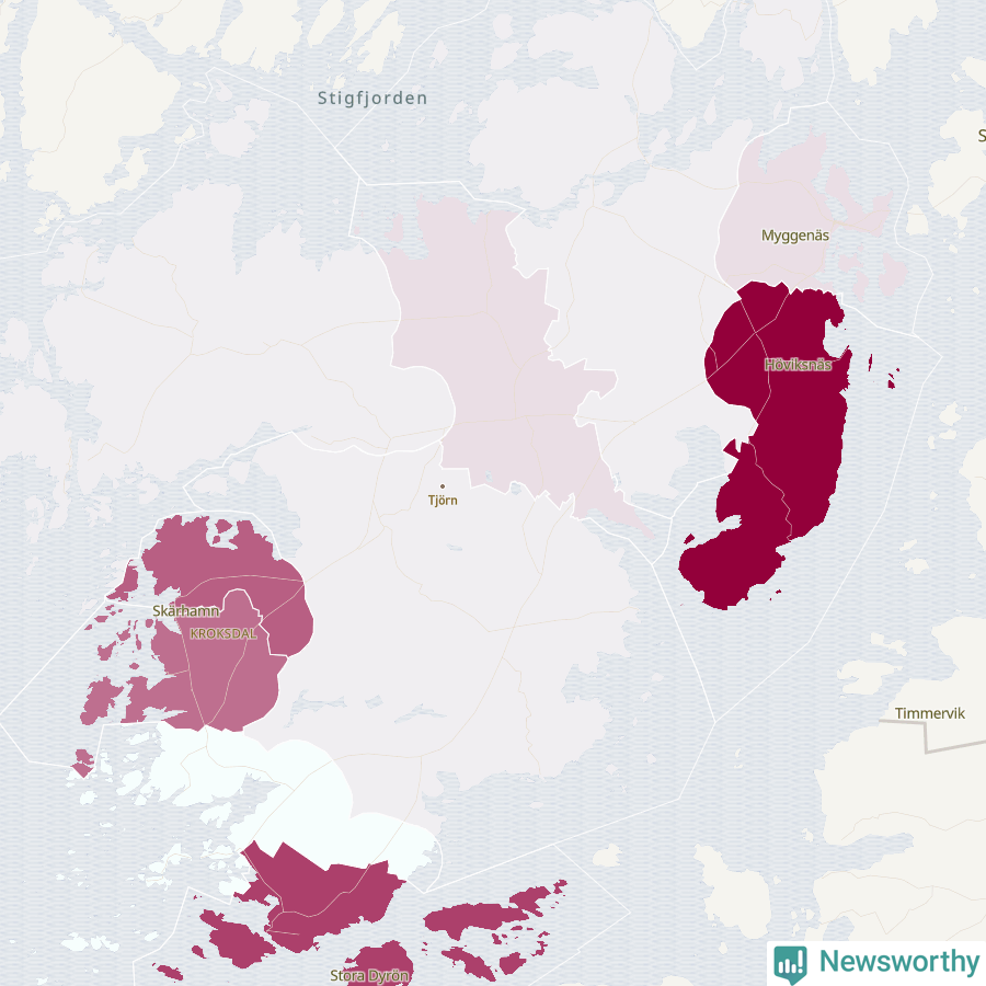 Karta som visar antalet cykelstölder i olika delar av Tjörns kommun, även i tabell nedan