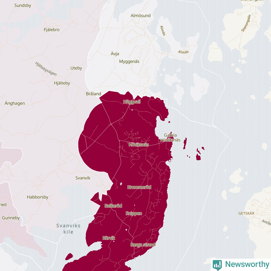 Karta som visar antalet cykelstölder i olika delar av Myggenäs, Häggvall och Höviksnäs, se tabell ovan