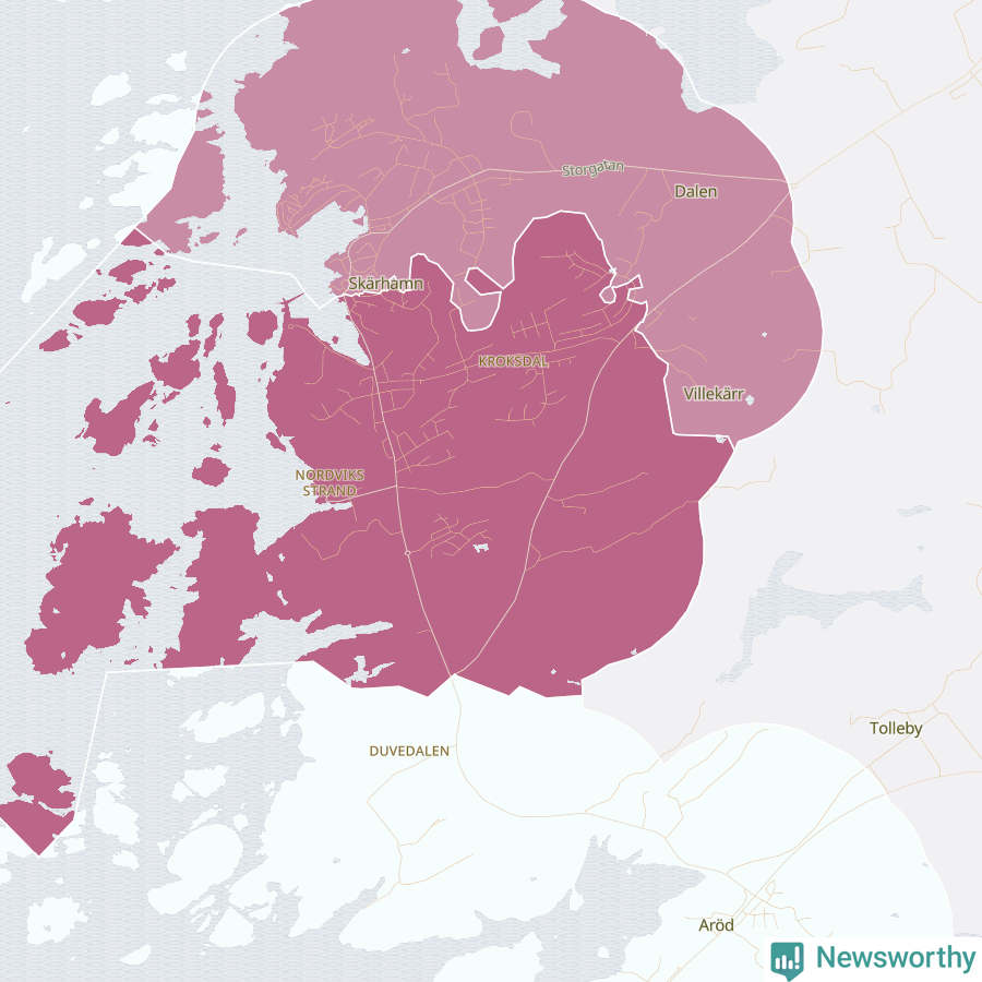 Karta som visar antalet cykelstölder i olika delar av Skärhamn, se tabell ovan