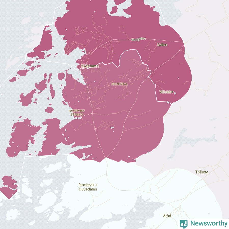 Karta som visar antalet cykelstölder i olika delar av Skärhamn, se tabell ovan