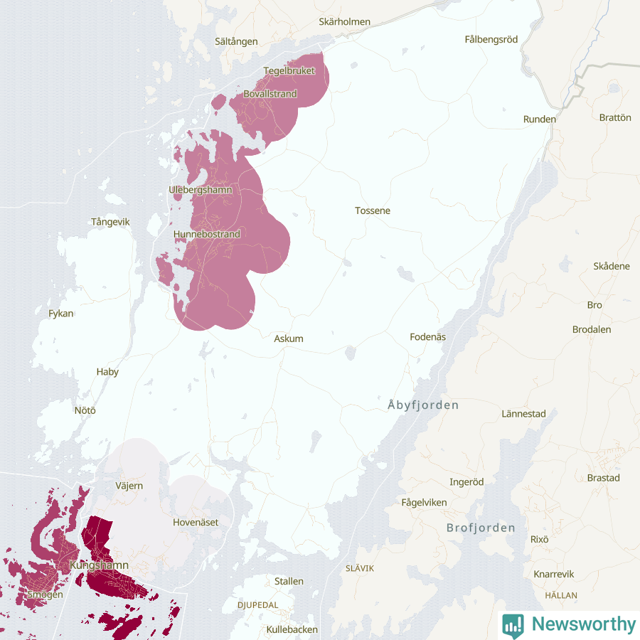 Karta som visar antalet cykelstölder i olika delar av Sotenäs kommun, även i tabell nedan